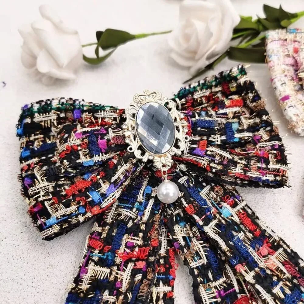 Women's Faux Pearl Rhinestone Bowknot Brooch Pin Elegant Necklace Accessory